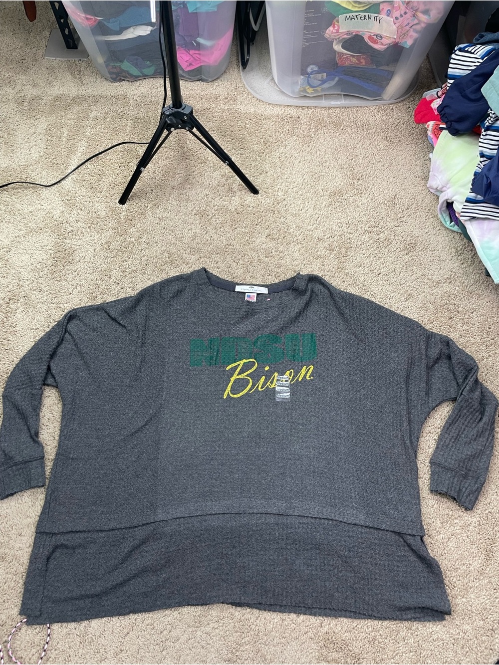 Gray NDSU‎ Bison Pullover Waffle-Knit Oversized Boxy Dolman Long Sleeve Top